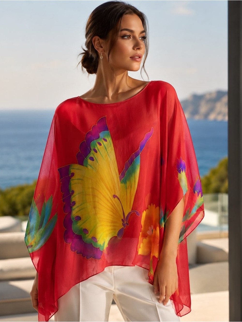 Hand-Painted 100% Silk Butterfly Tunic Blouse | Art-to-Wear Resort Style L/XL